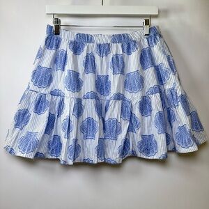 Blue & White Seashell Print Tiered Mini Skirt | Coastal Preppy Cotton Lined